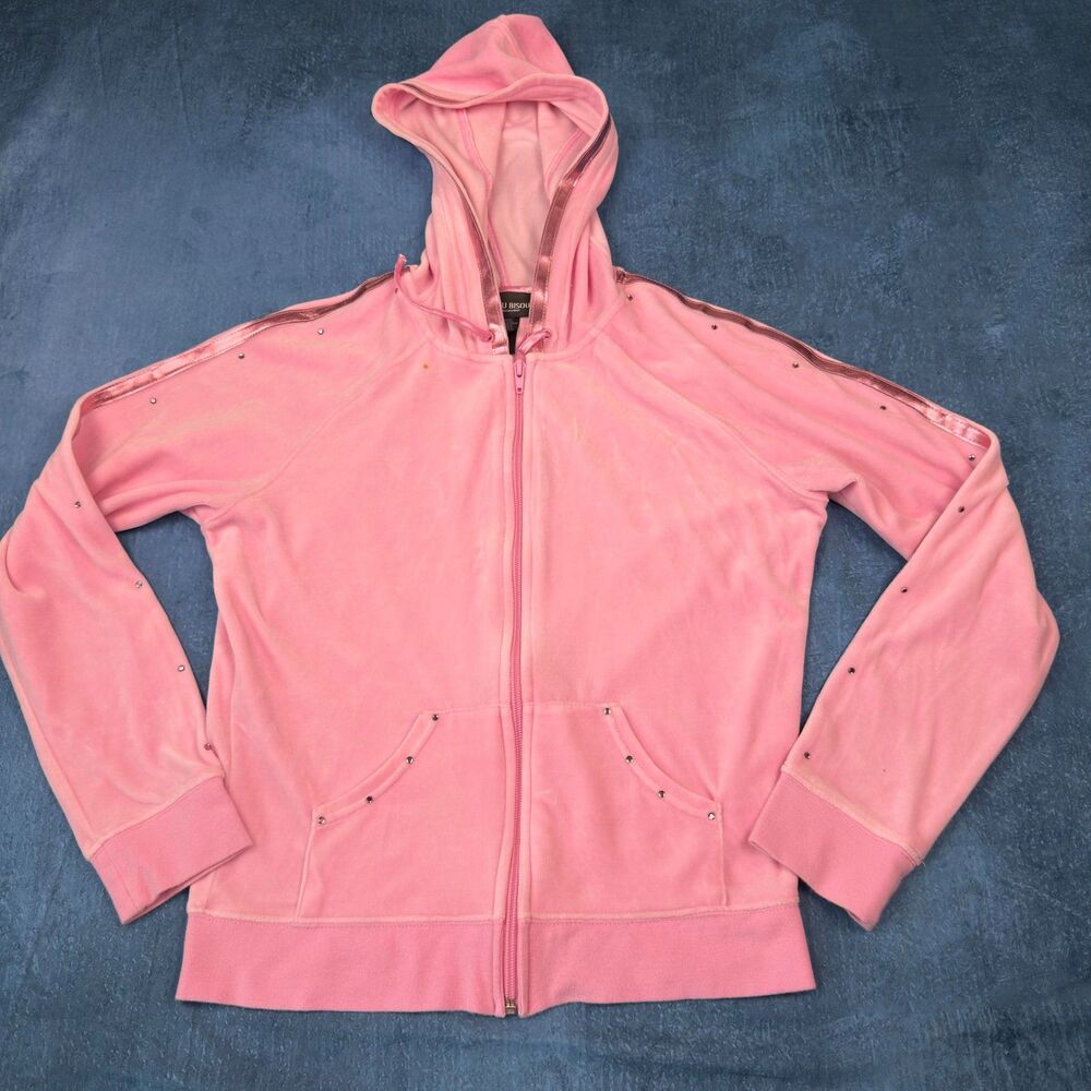 Y2K Bisou Bisou Pink Velour Zip Hoodie Womens M Studded